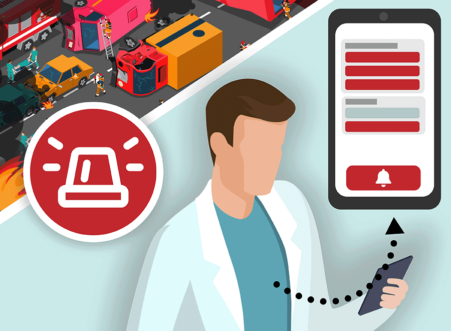 Ein Arzt blickt auf sein Telefon, auf dem ein Dashboard angezeigt wird; links oben ist ein Unfall zu sehen und das Symbol einer Signalleuchte