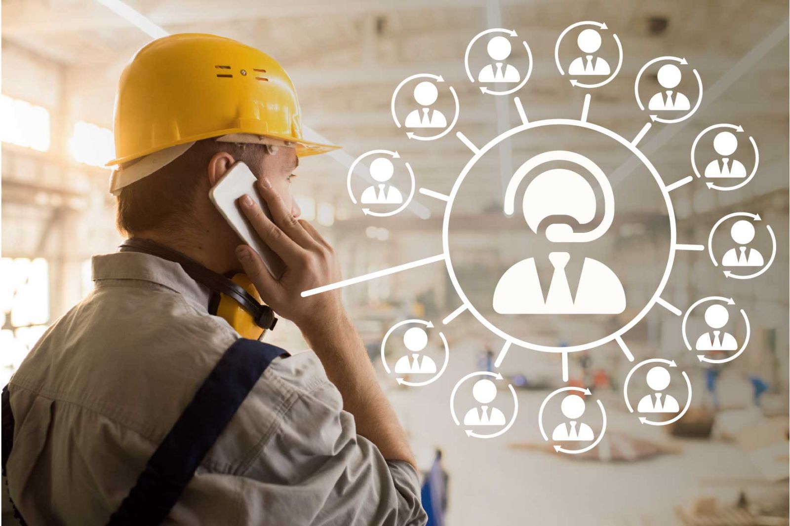 Arbeiter mit gelbem Schutzhelm telefoniert, daneben Schema von mehreren Konferenzteilnehmern