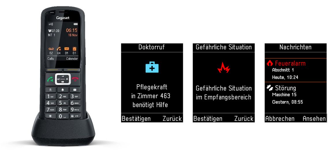 Gigaset-Endgerät mit verschiedenen AML-Display-Beispielen