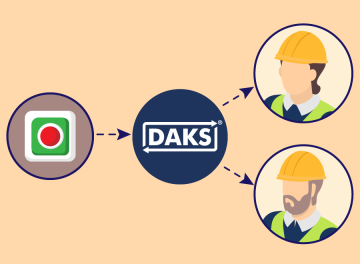 Schematische Darstellung: Ein Knopf zeigt mit einem Pfeil zu einem blauen Kreis mit DAKS-Logo, das wiederum mit zwei Pfeilen zu zwei Bauarbeitern zeigt