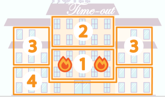 Hotel building, divided into different numbered areas