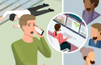 Besorgte Person telefoniert mit Leitstand und Kollegen; im Hintergrund liegt ein Verletzter