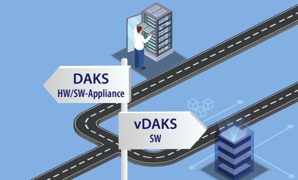 Wegweiser "DAKS HW/SW-Appliance" nach links, "vDAKS SW" nach rechts vor Diagramm einer Weggabelung