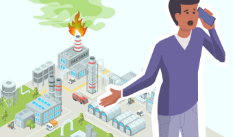 Verzweifelter Bürger am Telefon, im Hintergrund tritt grünes Gas aus dem brennenden Schornstein eines Chemiewerks aus