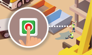 Baustellenszene mit zwei Bauarbeitern; einer sitzt und greift sich ans Bein, der andere steht und drückt auf einen Knopf. Ein Bildabschnitt zeigt eine Nahaufnahme von der Hand, die den Knopf betätigt.