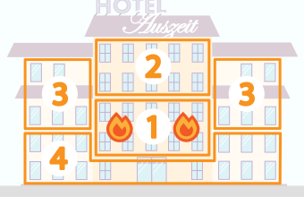 Hotelgebäude, unterteilt in verschiedene durchnummerierte Bereiche