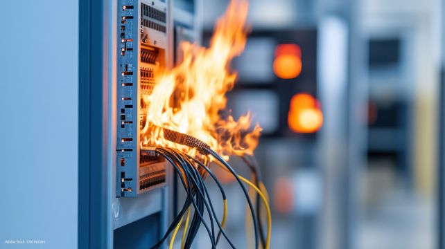 Brennendes Serverrack in einem Rechenzentrum: Ein Netzwerkgerät, an dem Kabel angeschlossen sind, hat Feuer gefangen